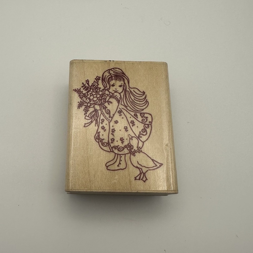 Sonlight‎ Impressions KS520-F Girl Goose Flowers Wood Mount Rubber Stamp Vintage